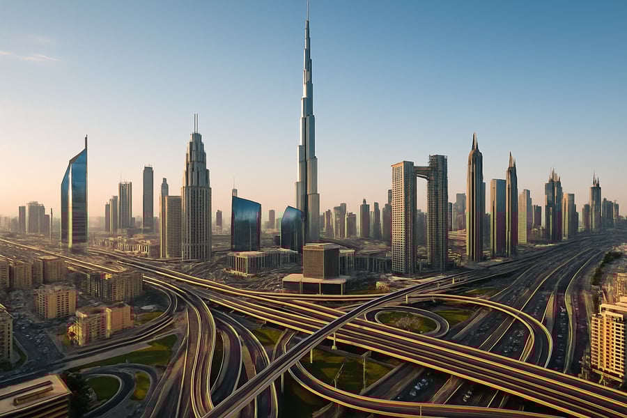 Dubai skyline with modern paid roads Dubai skyline with modern paid roads
